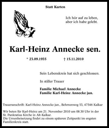 Traueranzeige von Karl-Heinz Annecke sen. von Tageszeitung