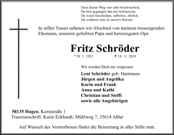 Traueranzeige von Fritz Schröder von Tageszeitung
