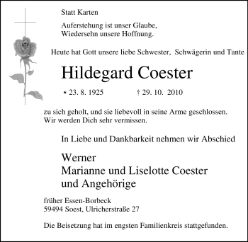 Traueranzeige von Hildegard Coester von Tageszeitung