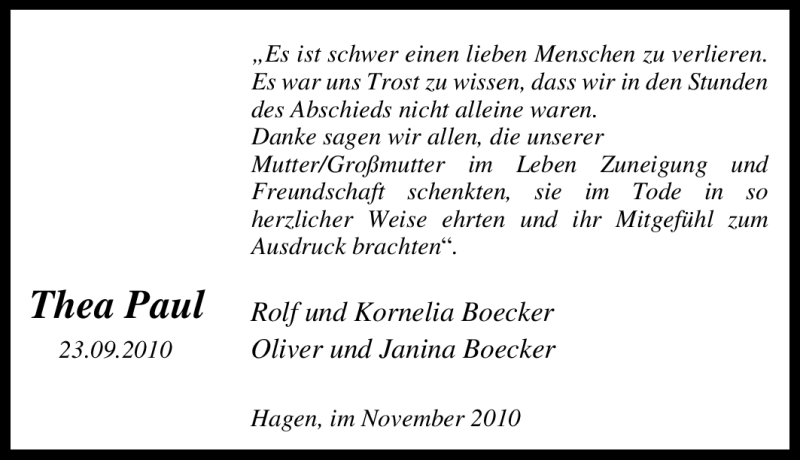  Traueranzeige für Thea Paul vom 06.11.2010 aus Tageszeitung
