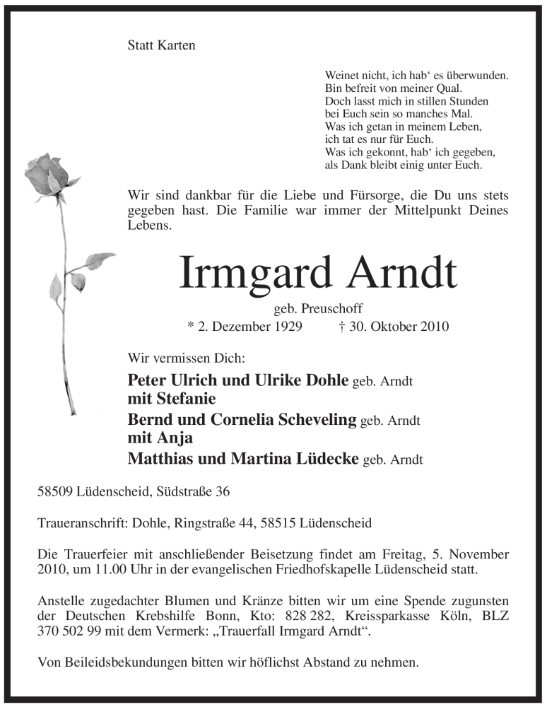  Traueranzeige für Irmgard Arndt vom 02.11.2010 aus Tageszeitung