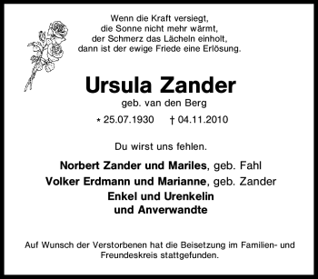 Traueranzeige von Ursula Zander von Tageszeitung