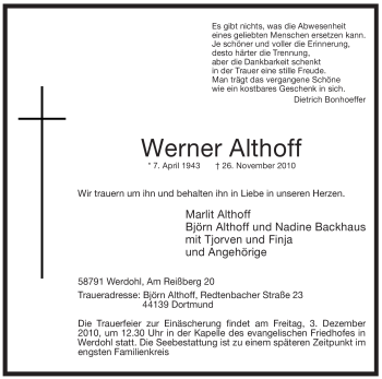 Traueranzeige von Werner Althoff von Tageszeitung
