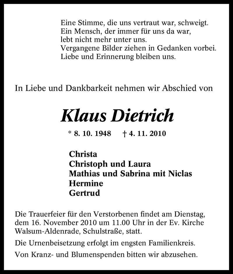  Traueranzeige für Klaus Dietrich vom 09.11.2010 aus Tageszeitung