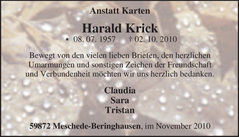  Traueranzeige für Harald Krick vom 13.11.2010 aus Tageszeitung