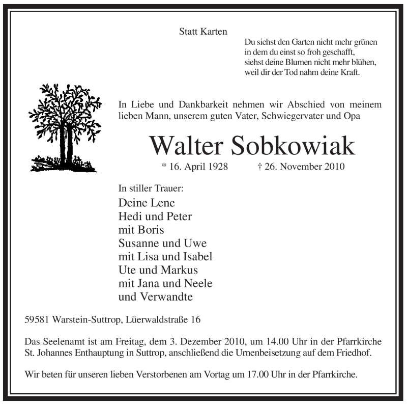  Traueranzeige für Walter Sobkowiak vom 30.11.2010 aus Tageszeitung