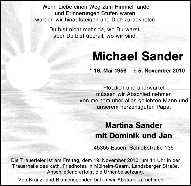  Traueranzeige für Michael Sander vom 11.11.2010 aus Tageszeitung