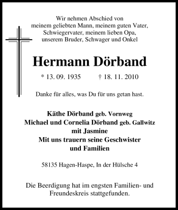 Traueranzeige von Hermann Dörband von Tageszeitung