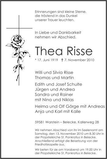 Traueranzeige von Thea Risse von Tageszeitung