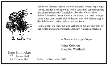 Traueranzeige von Ingo Immicker von Tageszeitung