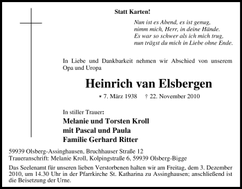 Traueranzeige von Heinrich van Elsbergen von Tageszeitung
