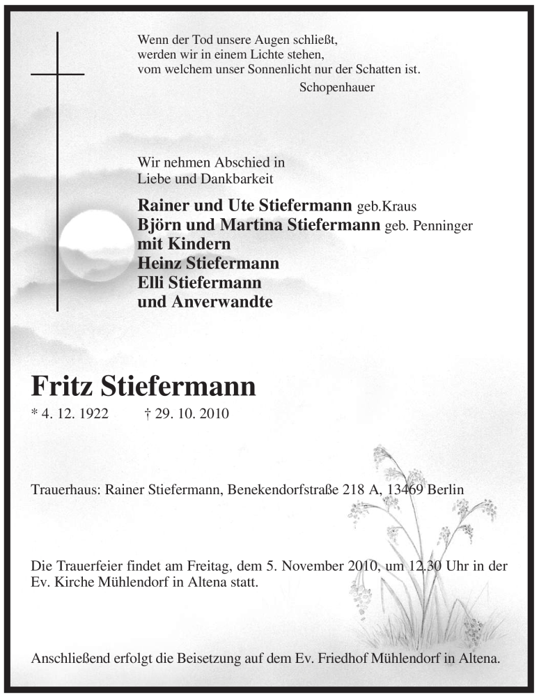  Traueranzeige für Fritz Stiefermann vom 02.11.2010 aus Tageszeitung
