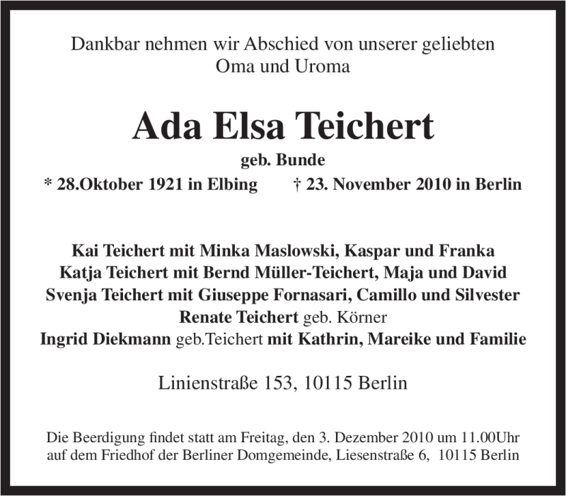  Traueranzeige für Ada Elsa Teichert vom 27.11.2010 aus Tageszeitung