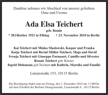 Traueranzeige von Ada Elsa Teichert von Tageszeitung