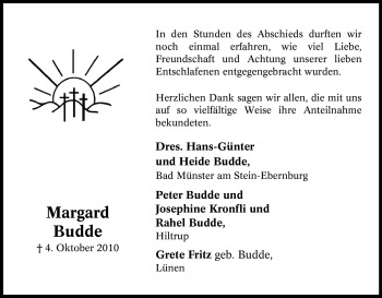 Traueranzeige von Margard Budde von Tageszeitung