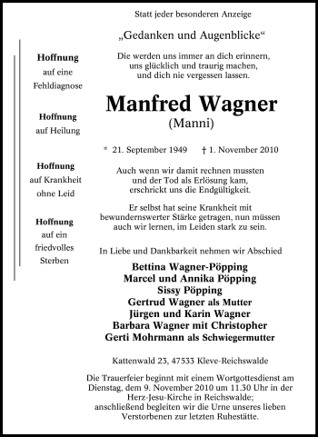 Traueranzeige von Manfred Wagner von Tageszeitung