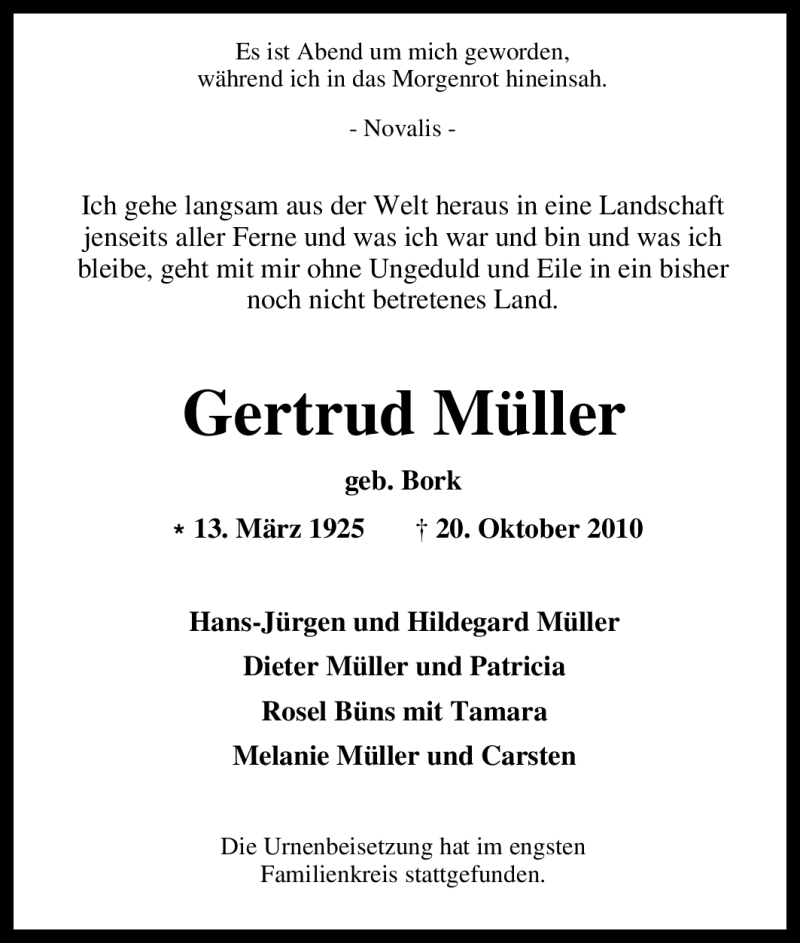  Traueranzeige für Gertrud Müller vom 20.11.2010 aus Tageszeitung