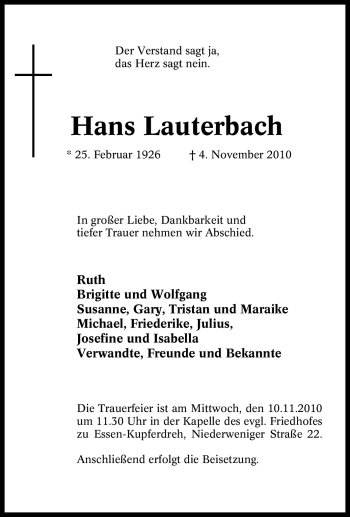 Traueranzeige von Hans Lauterbach von Tageszeitung