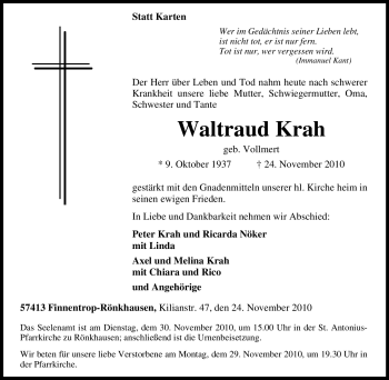 Traueranzeige von Waltraud Krah von Tageszeitung