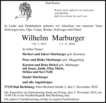 Traueranzeige von Wilhelm Marburger von Tageszeitung