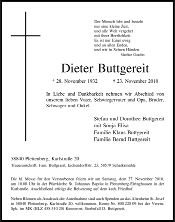 Traueranzeige von Dieter Buttgereit von Tageszeitung