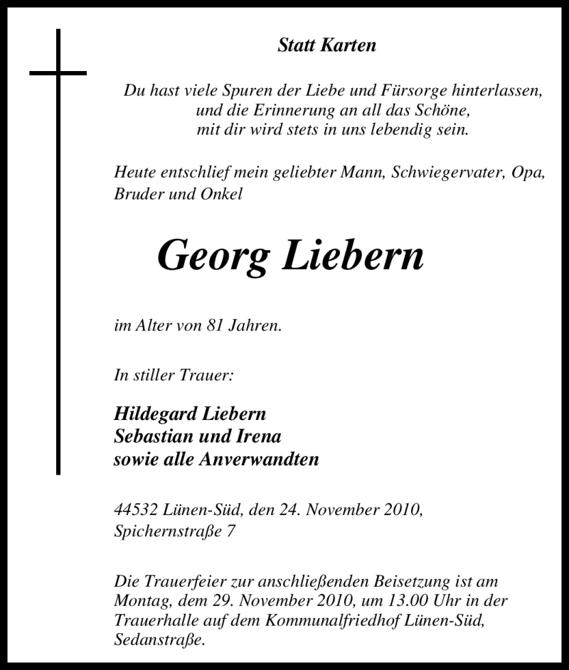  Traueranzeige für Georg Liebern vom 26.11.2010 aus Tageszeitung