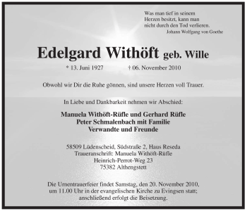 Traueranzeige von Edelgard Withöft von Tageszeitung