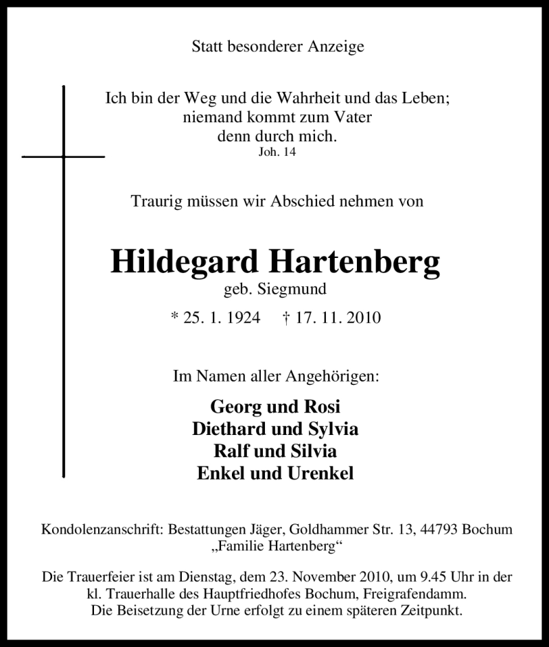  Traueranzeige für Hildegard Hartenberg vom 20.11.2010 aus Tageszeitung