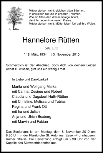 Traueranzeige von Hannelore Rütten von Tageszeitung