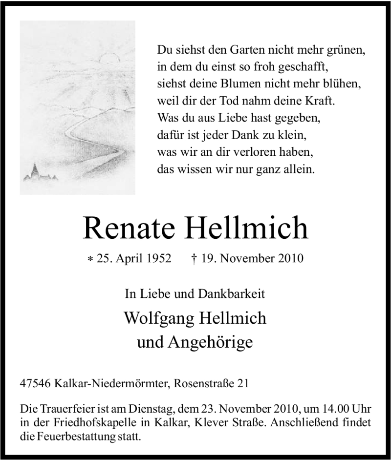  Traueranzeige für Renate Hellmich vom 20.11.2010 aus Tageszeitung
