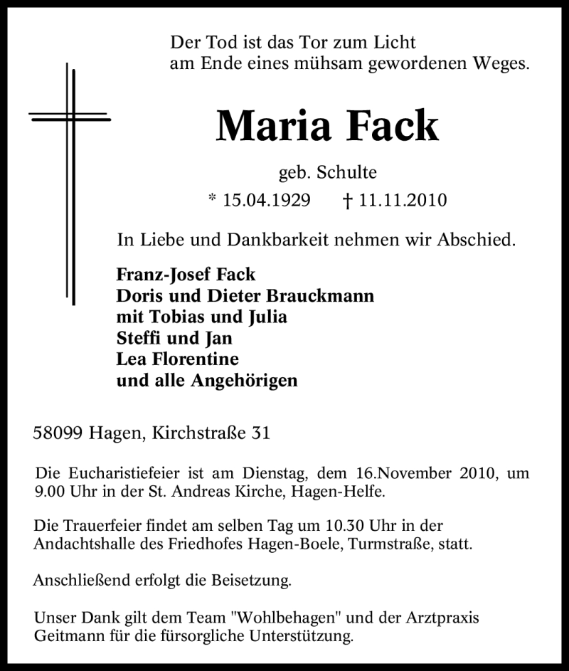  Traueranzeige für Maria Fack vom 13.11.2010 aus Tageszeitung