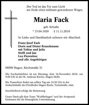 Traueranzeige von Maria Fack von Tageszeitung