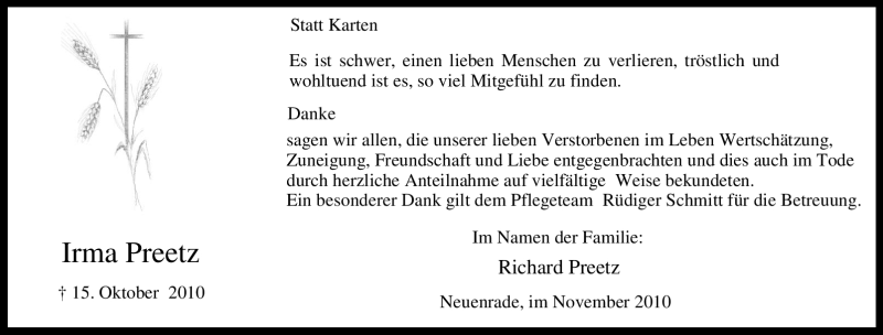  Traueranzeige für Irma Preetz vom 20.11.2010 aus Tageszeitung