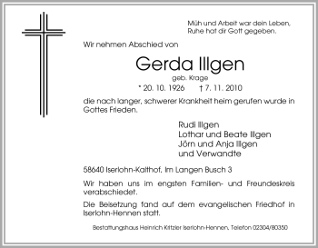 Traueranzeige von Gerda Illgen von Tageszeitung