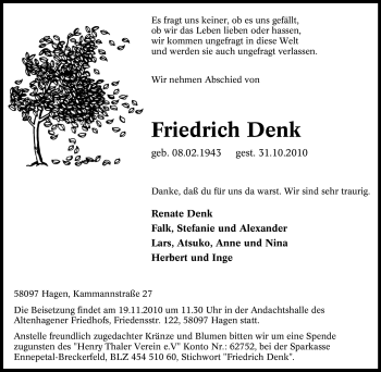 Traueranzeige von Friedrich Denk von Tageszeitung