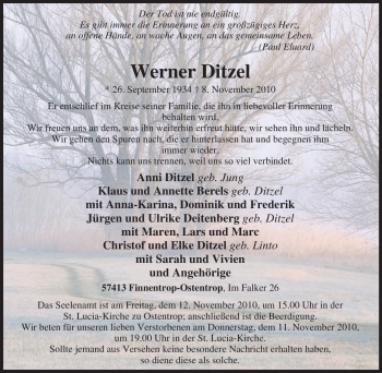 Traueranzeige von Werner Ditzel von Tageszeitung