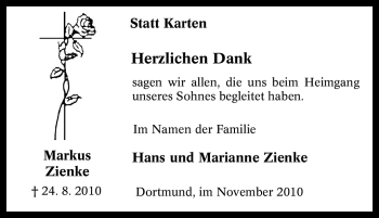 Traueranzeige von Markus Zienke von Tageszeitung