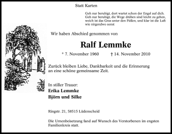 Traueranzeige von Ralf Lemmke von Tageszeitung