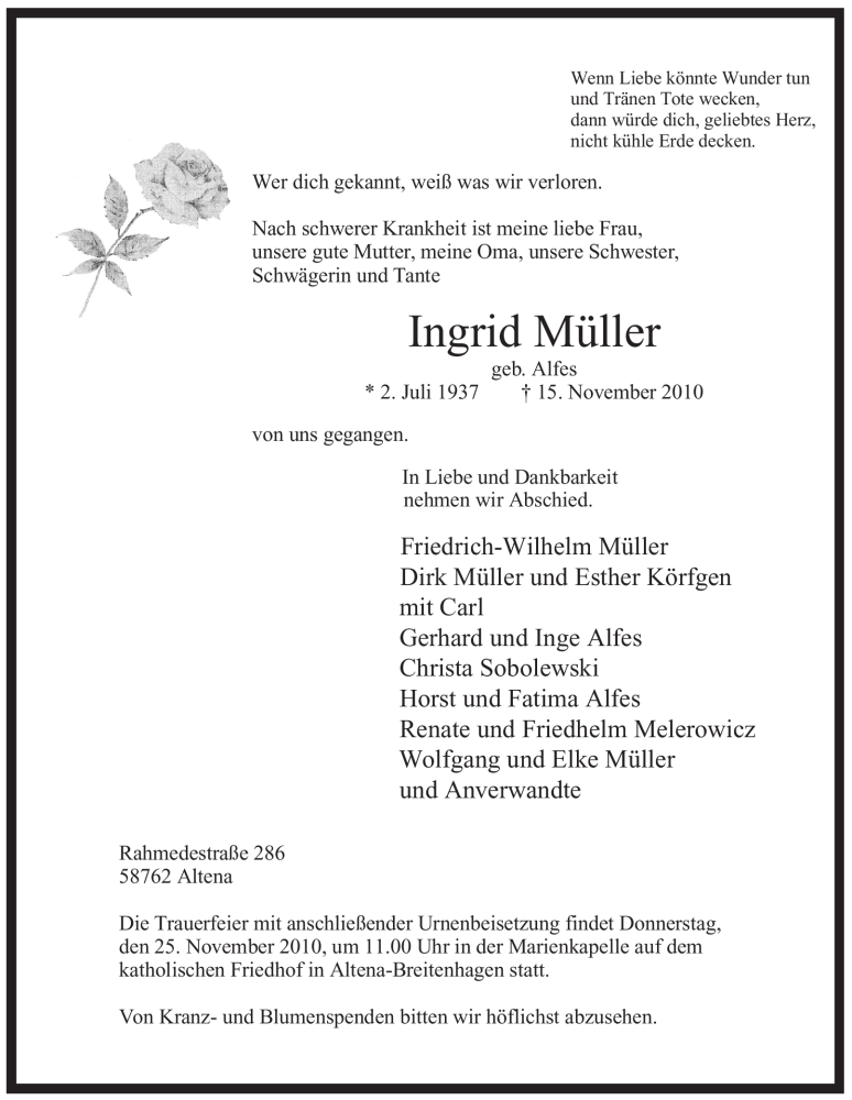  Traueranzeige für Ingrid Müller vom 17.11.2010 aus Tageszeitung