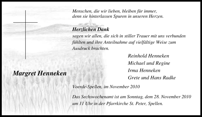  Traueranzeige für Margret Henneken vom 20.11.2010 aus Tageszeitung