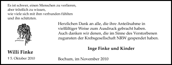 Traueranzeige von Willi Finke von Tageszeitung