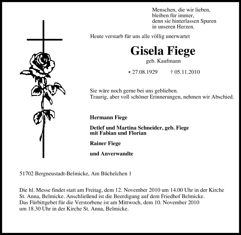  Traueranzeige für Gisela Fiege vom 08.11.2010 aus Tageszeitung