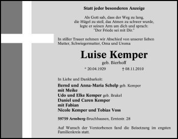 Traueranzeige von Luise Kemper von Tageszeitung