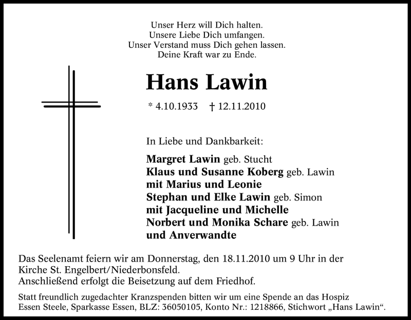 Traueranzeigen von Hans Lawin TrauerinNRW.de