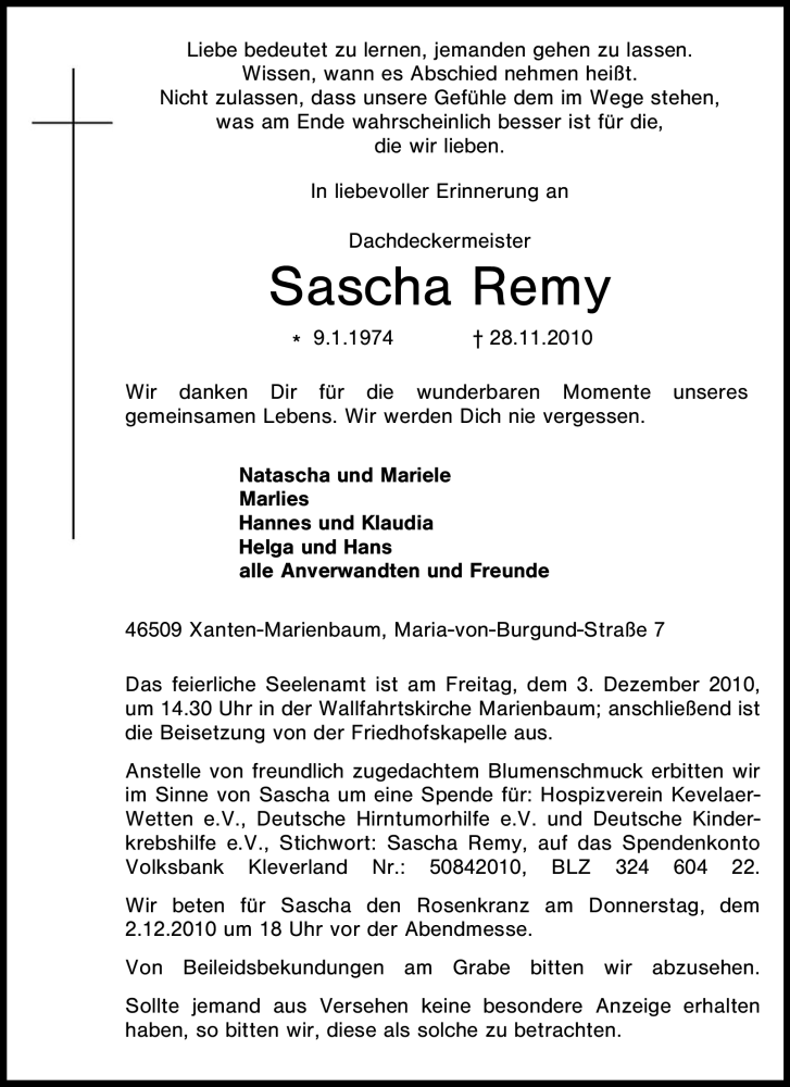  Traueranzeige für Sascha Remy vom 30.11.2010 aus Tageszeitung