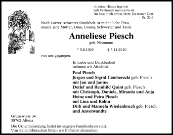 Traueranzeige von Anneliese Piesch von Tageszeitung