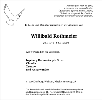 Traueranzeige von Willibald Rothmeier von Tageszeitung