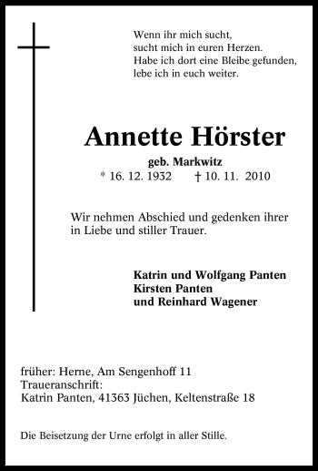 Traueranzeige von Annette Hörster von Tageszeitung