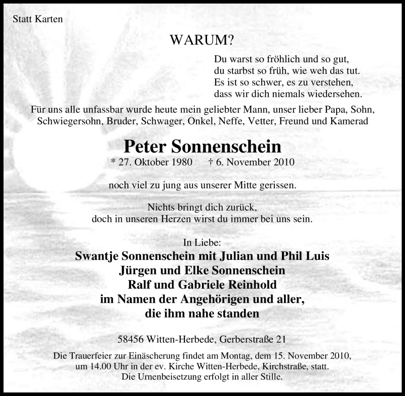  Traueranzeige für Peter Sonnenschein vom 10.11.2010 aus Tageszeitung