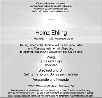 Traueranzeige von Heinz Ehling von Tageszeitung